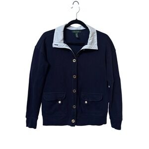 Lauren‎ Ralph Lauren Navy Blue Cotton Cardigan Sweater Gold Buttons White Collar